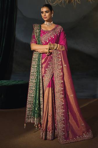 rani pink & green silk blend half-and-half saree with zardozi border