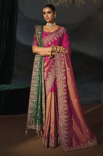 rani pink & green silk blend half-and-half saree with zardozi border
