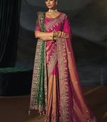 rani pink & green silk blend half-and-half saree with zardozi border