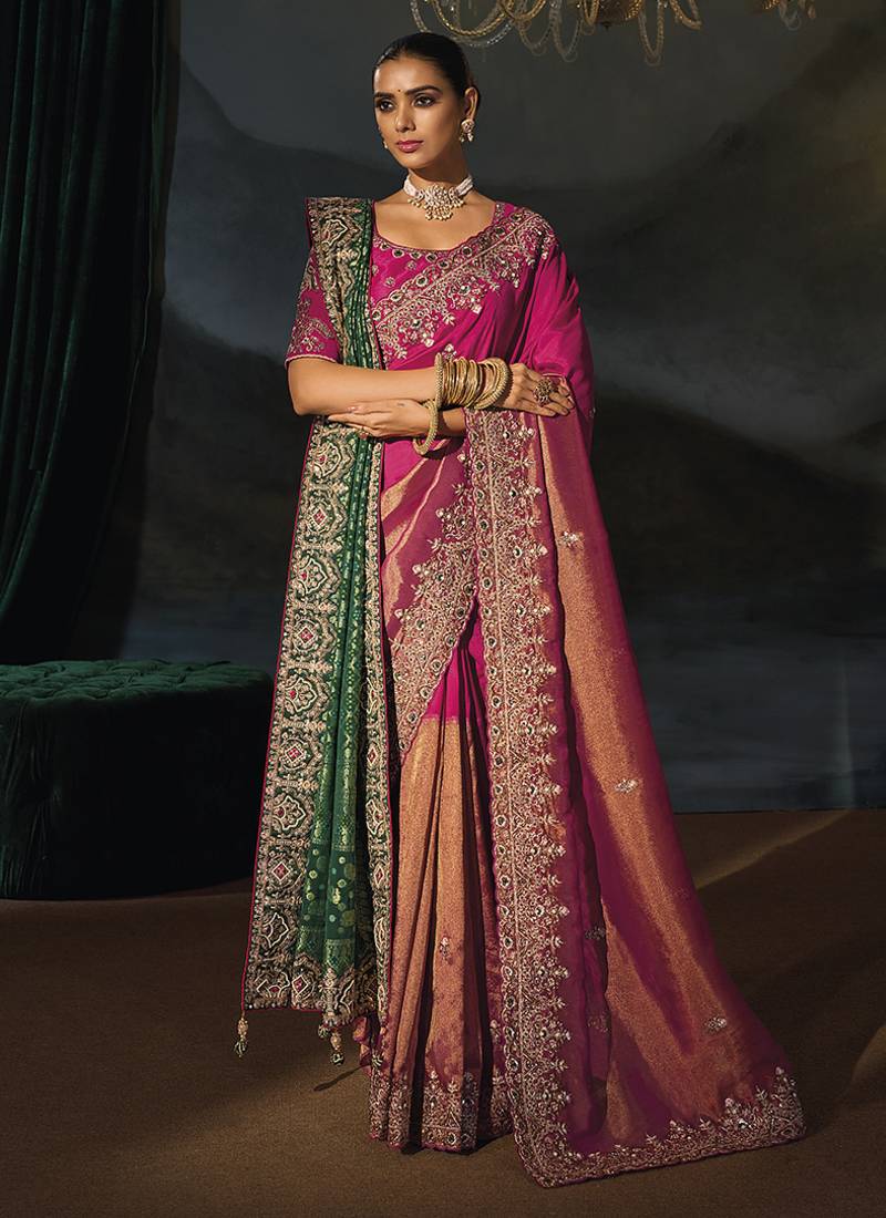 rani pink & green silk blend half-and-half saree with zardozi border