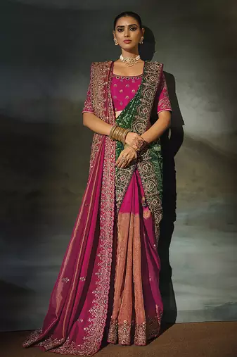 rani pink & green silk blend half-and-half saree with zardozi border
