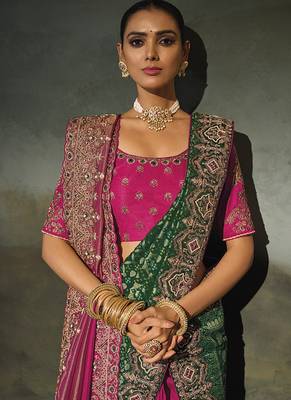 rani pink & green silk blend half-and-half saree with zardozi border 3