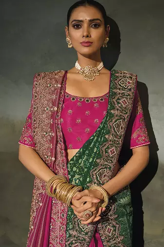 rani pink & green silk blend half-and-half saree with zardozi border