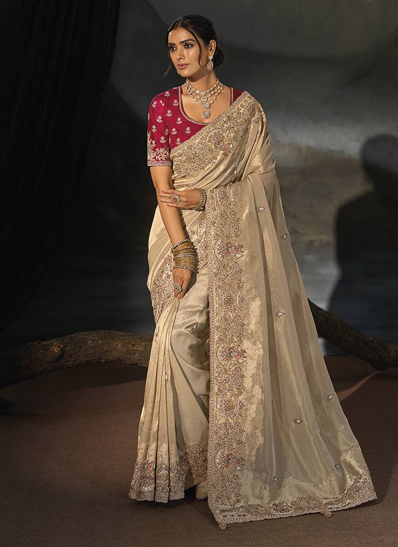 beige silk blend saree with floral zardozi border & magenta blouse