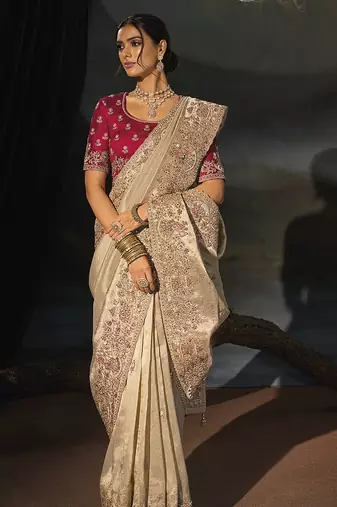 beige silk blend saree with floral zardozi border & magenta blouse