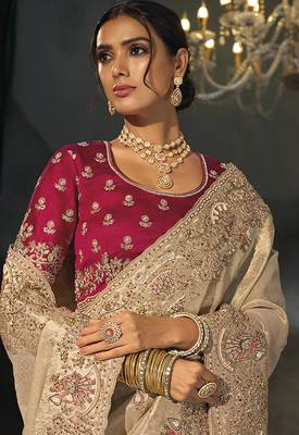 beige silk blend saree with floral zardozi border & magenta blouse 3