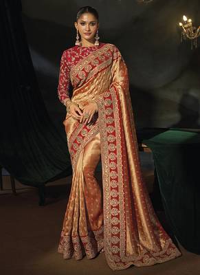 copper gold silk blend saree with red zardozi border 1