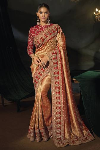copper gold silk blend saree with red zardozi border