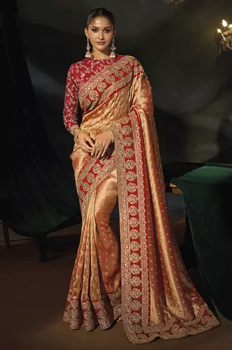 copper gold silk blend saree with red zardozi border