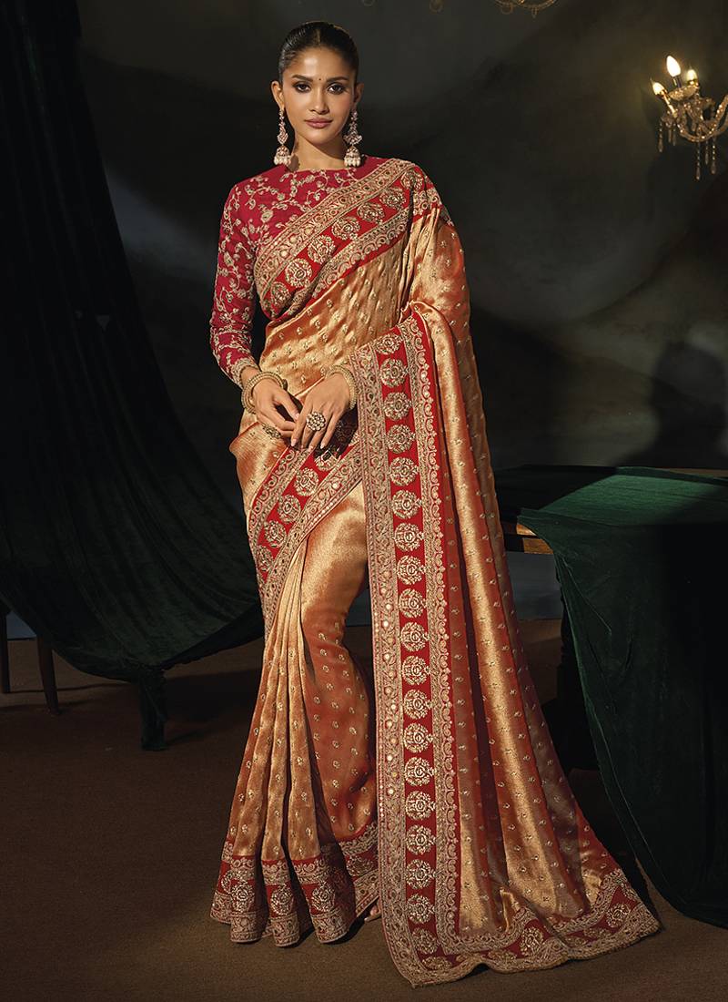 copper gold silk blend saree with red zardozi border