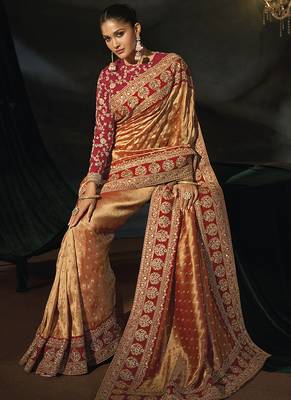 copper gold silk blend saree with red zardozi border 2