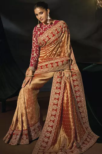 copper gold silk blend saree with red zardozi border