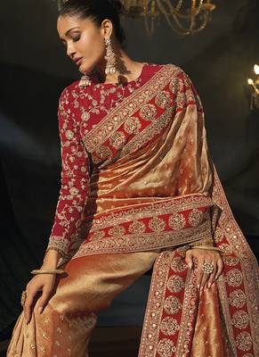 copper gold silk blend saree with red zardozi border 3