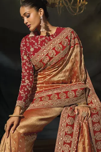 copper gold silk blend saree with red zardozi border