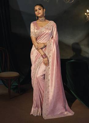 pink silk blend saree with zardozi cutdana border & matching blouse 1