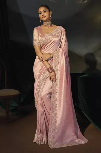 pink silk blend saree with zardozi cutdana border & matching blouse