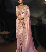pink silk blend saree with zardozi cutdana border & matching blouse
