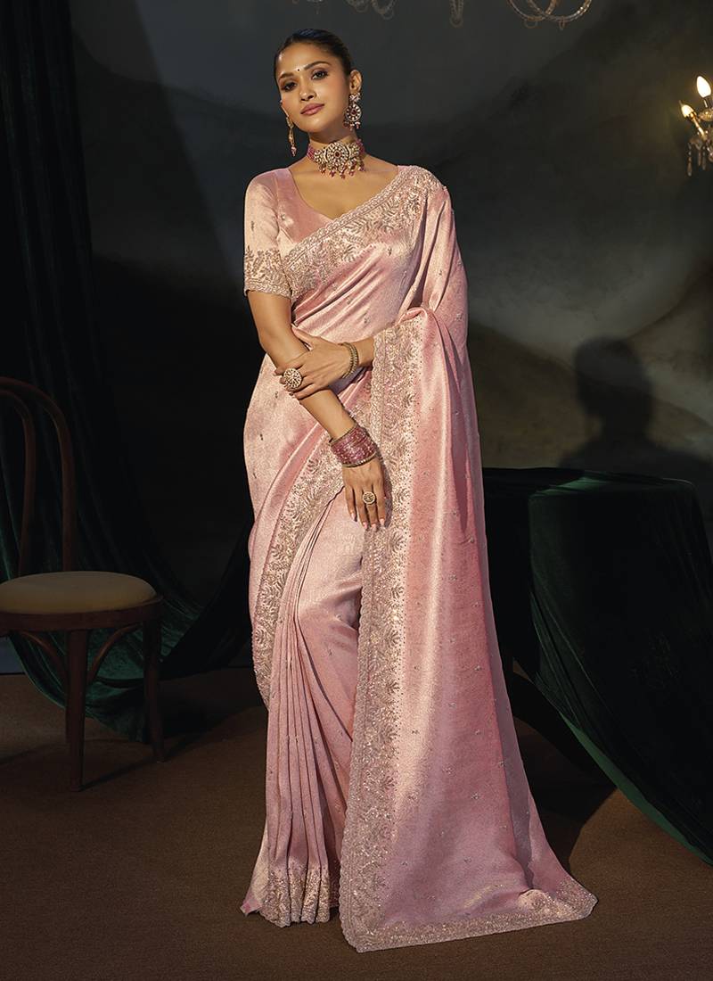 pink silk blend saree with zardozi cutdana border & matching blouse