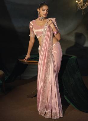 pink silk blend saree with zardozi cutdana border & matching blouse 2