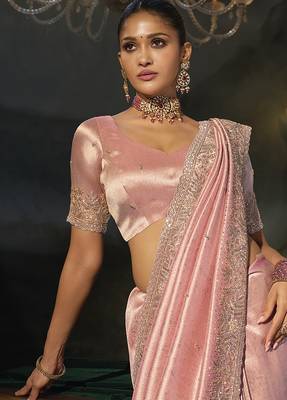 pink silk blend saree with zardozi cutdana border & matching blouse 3
