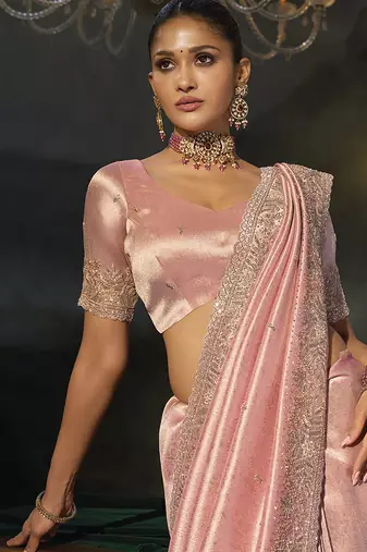 pink silk blend saree with zardozi cutdana border & matching blouse