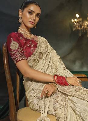 cream silk blend saree with zardozi border & red blouse 2