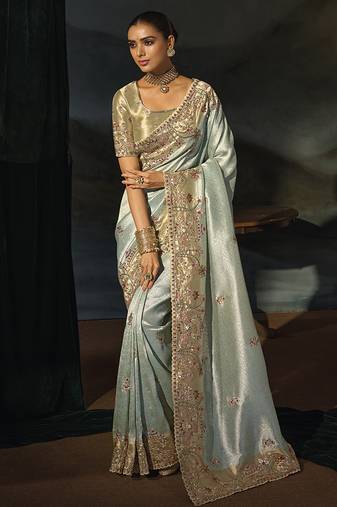 sky blue silk blend saree with zardozi border & blouse