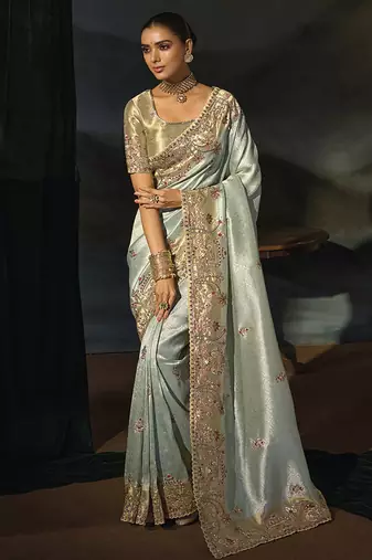sky blue silk blend saree with zardozi border & blouse