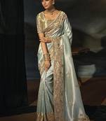 sky blue silk blend saree with zardozi border & blouse