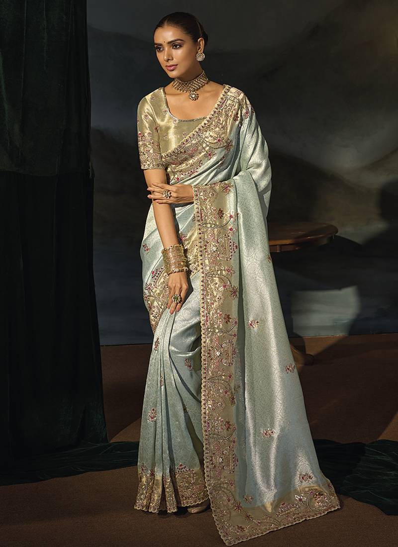 sky blue silk blend saree with zardozi border & blouse