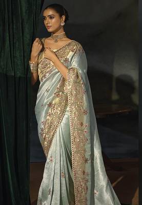 sky blue silk blend saree with zardozi border & blouse 2