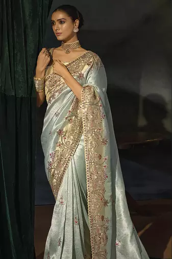 sky blue silk blend saree with zardozi border & blouse