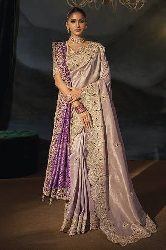 light lilac & purple silk blend saree with scalloped zardozi border