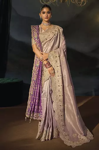 light lilac & purple silk blend saree with scalloped zardozi border