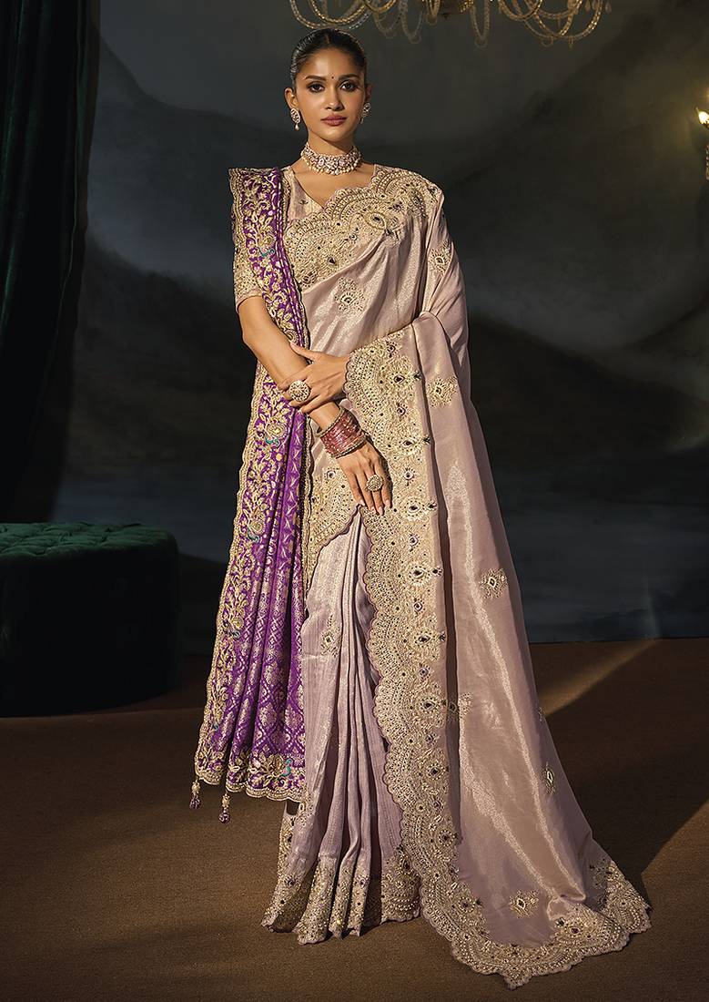 light lilac & purple silk blend saree with scalloped zardozi border
