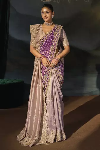 light lilac & purple silk blend saree with scalloped zardozi border