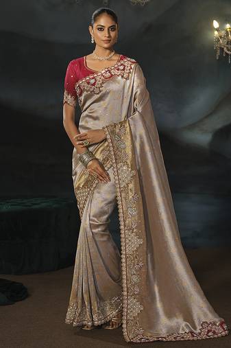 grey silk blend saree with gold border & contrast blouse