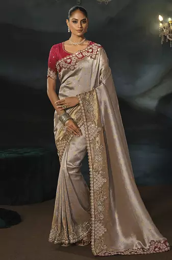 grey silk blend saree with gold border & contrast blouse