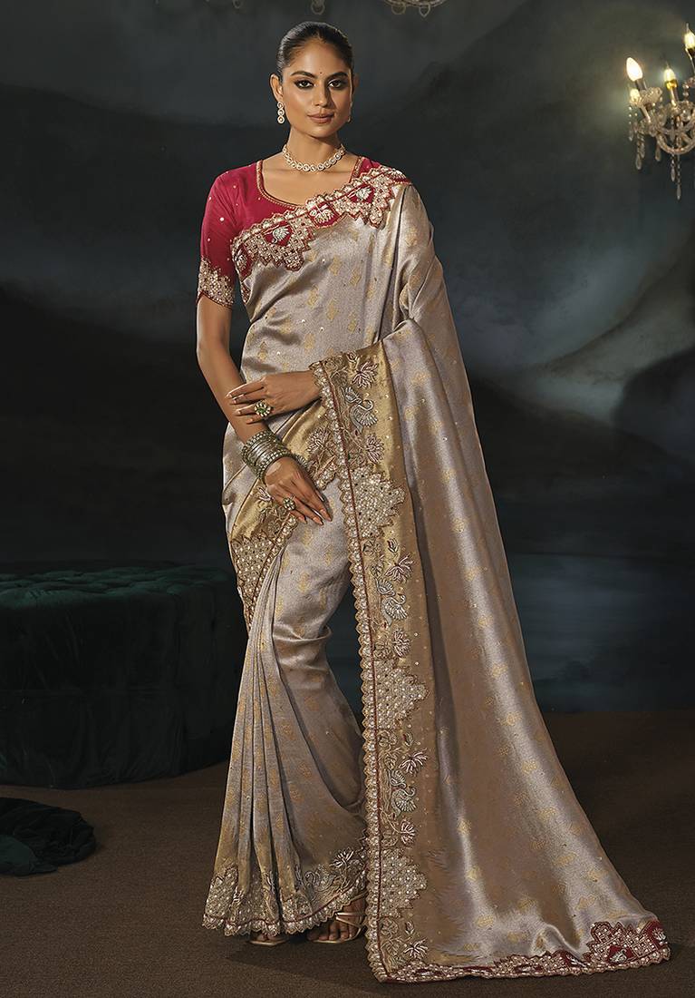 grey silk blend saree with gold border & contrast blouse