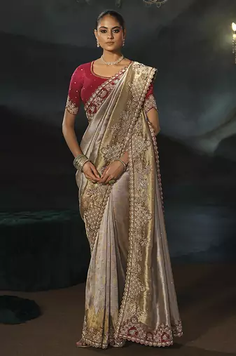 grey silk blend saree with gold border & contrast blouse