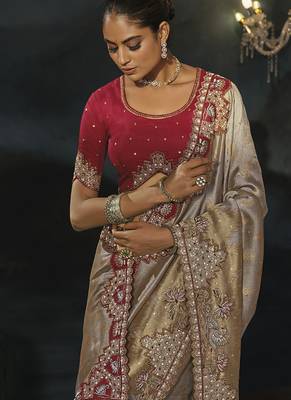 grey silk blend saree with gold border & contrast blouse 3