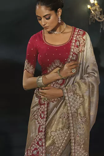 grey silk blend saree with gold border & contrast blouse