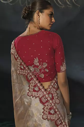 grey silk blend saree with gold border & contrast blouse