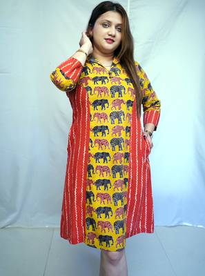 Yellow Kalamkari Handblock Printed Cotton Knee-Length kurti 1