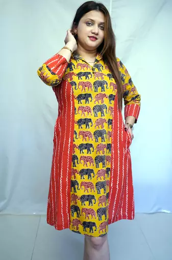 Yellow Kalamkari Handblock Printed Cotton Knee-Length kurti