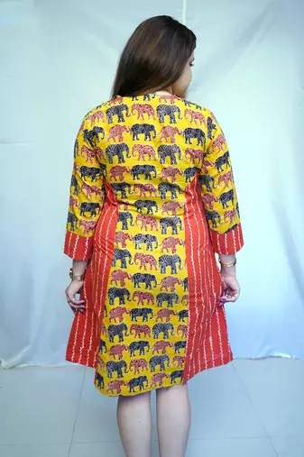 Yellow Kalamkari Handblock Printed Cotton Knee-Length kurti