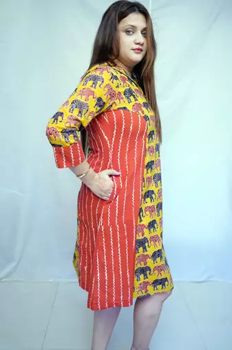 Yellow Kalamkari Handblock Printed Cotton Knee-Length kurti
