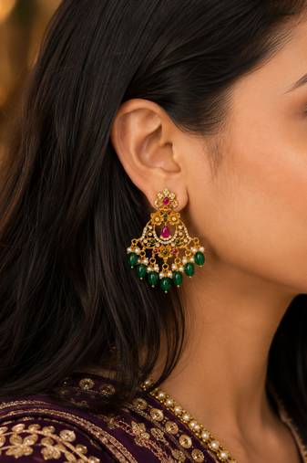 Gold plated ruby green beaded pearl chandbali earrings for women