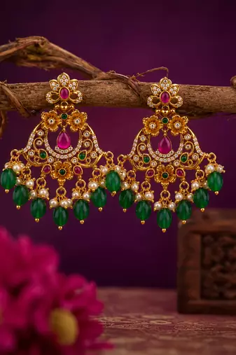 Gold plated ruby green beaded pearl chandbali earrings for women