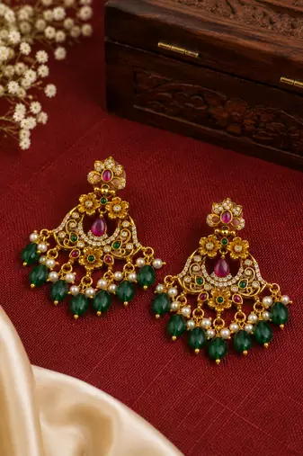 Gold plated ruby green beaded pearl chandbali earrings for women